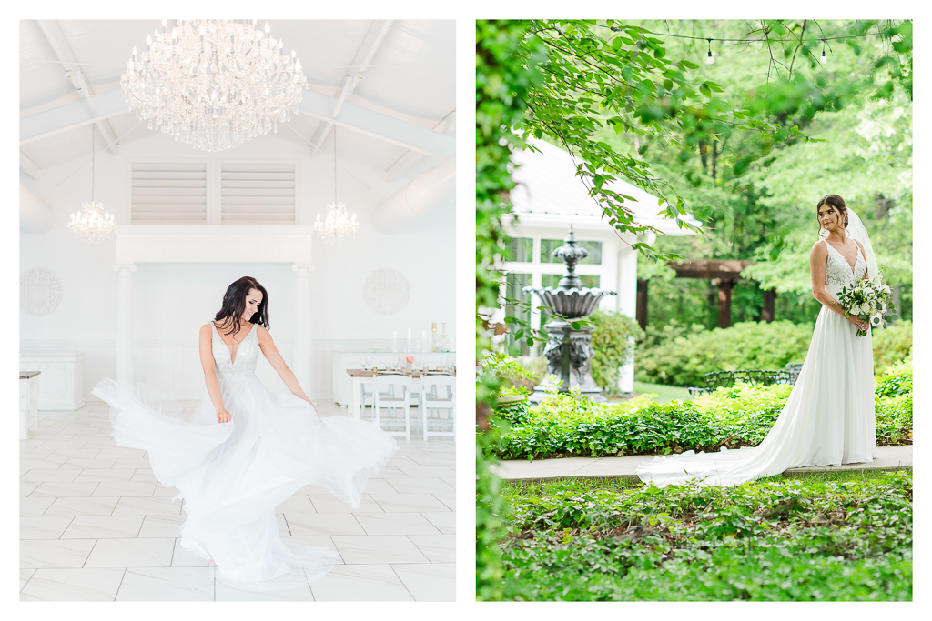 Bride twirling her dress before the wedding and bride in outdoor garden at The Grand Holland